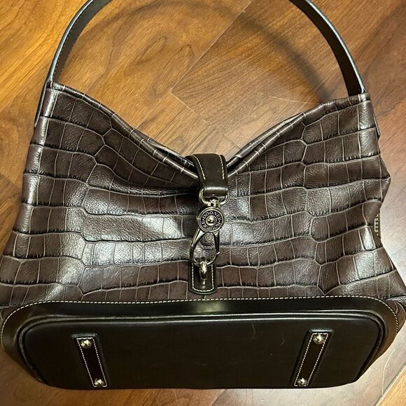 Dooney & Bourke women’s Brown Croco Embossed Logo Lock Leather Hobo Shoulder Bag